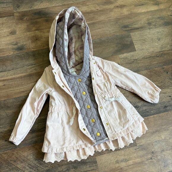Aspen Kids Adorable Pink Jacket Coat Lace Trim Matching Hooded Vest Girls 2T - Picture 1 of 13